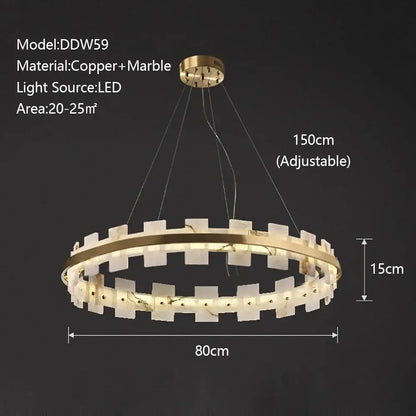Modern gold-toned decorbites led marble chandelier with copper and marble segments emitting warm led light for living spaces