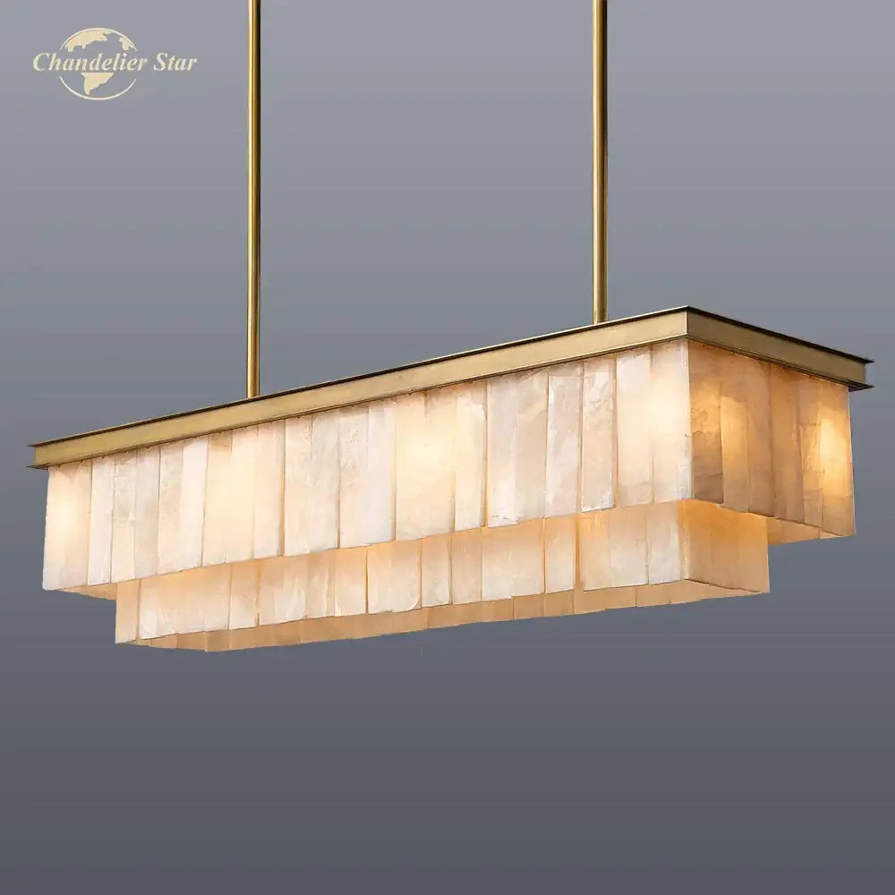 Rectangular decorbites led marble glace calcite chandelier with brass frame and white stone panels for kitchen island use