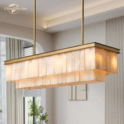 Rectangular decorbites led marble glace calcite chandelier with amber glass panels and polished brass frame for kitchen island