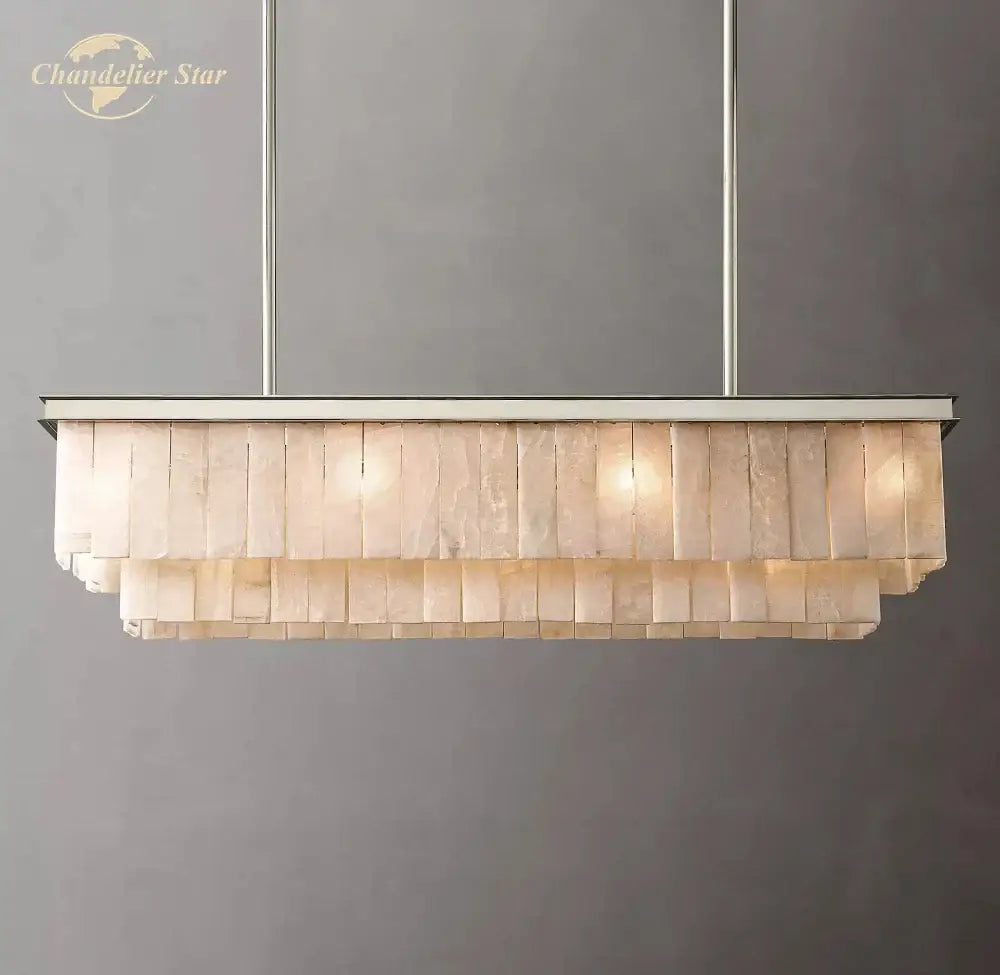 Rectangular decorbites led marble glace calcite chandelier with layered translucent beige stone panels for kitchen island lighting