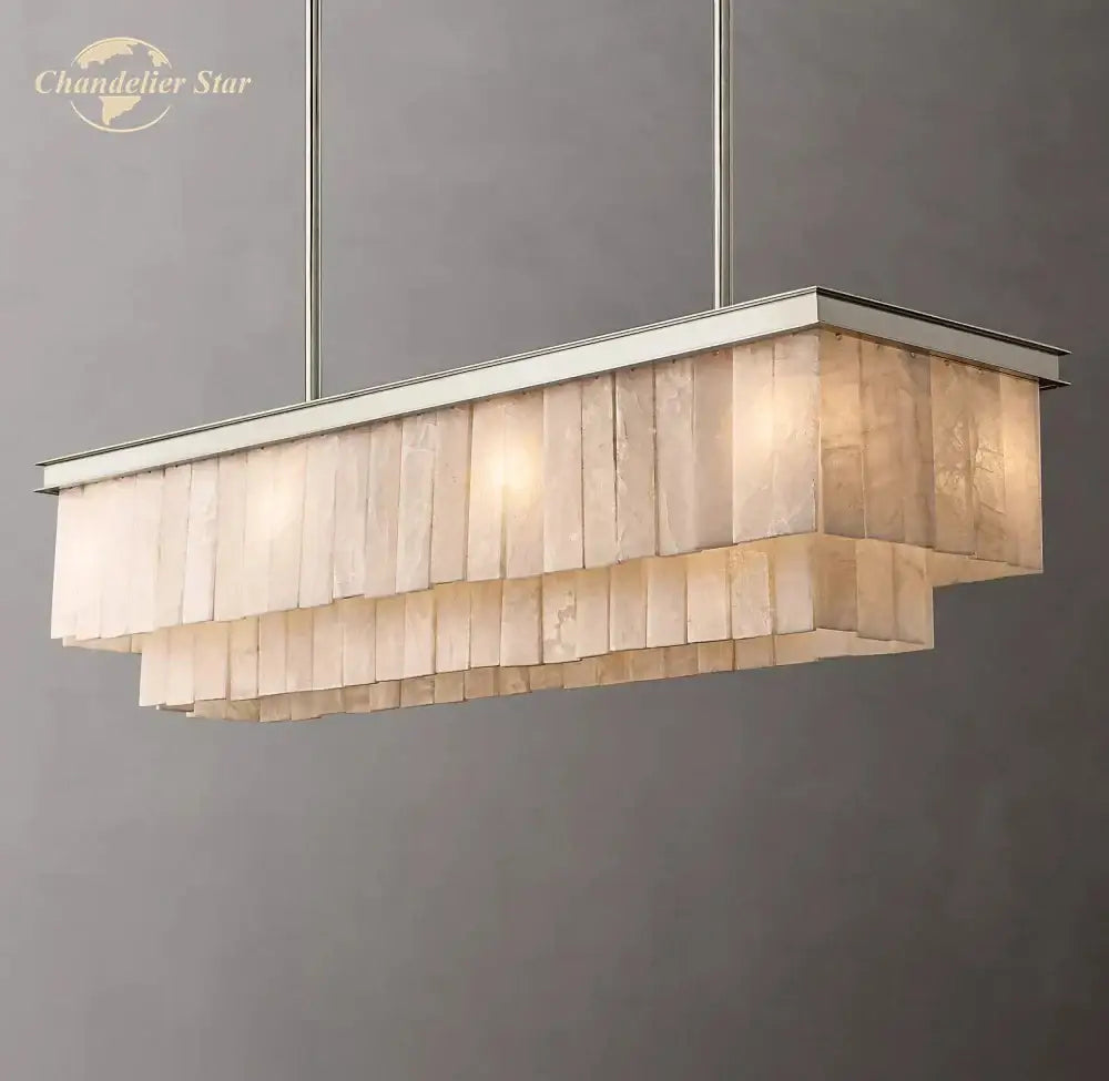 Rectangular decorbites led marble glace chandelier with silver frame and beige marble glace calcite panels for kitchen island