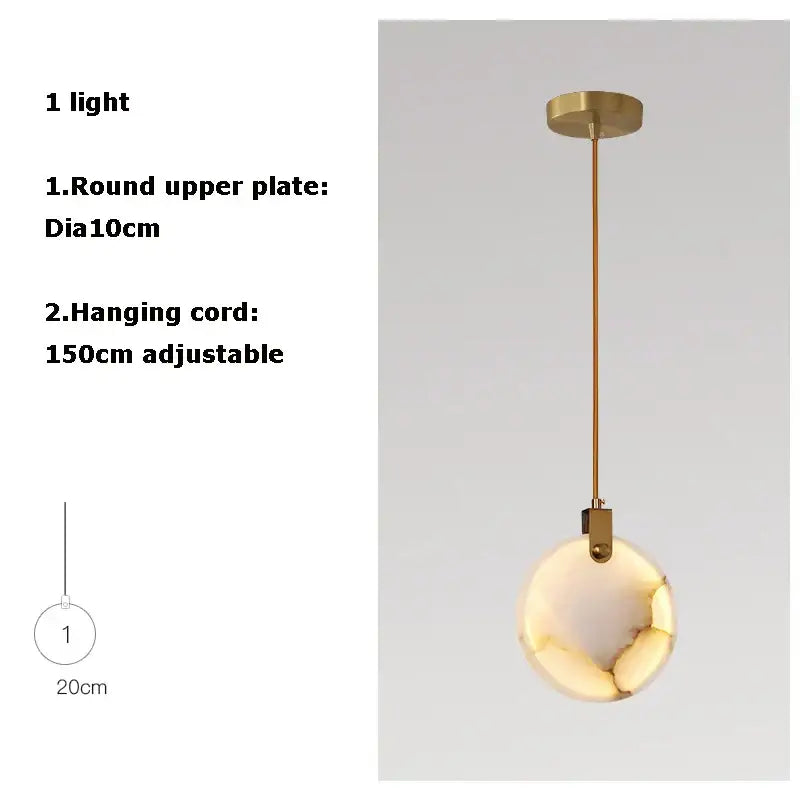A decorbites led marble gold chandelier featuring a spherical white onyx globe suspended by an adjustable brass cord