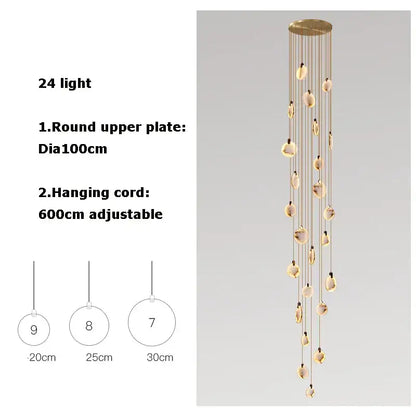 DecorBites LED marble gold chandelier with 24 gold-toned hanging lights in translucent teardrop glass globes for living room