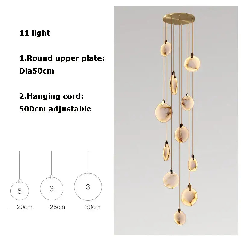DecorBites led marble gold chandelier with eleven amber glass orbs suspended from a gold round plate for living room