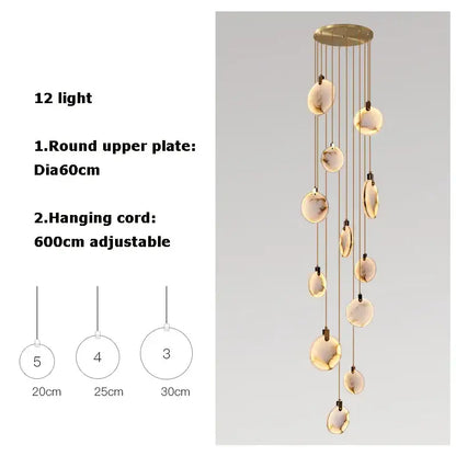 Modern decorbites led marble gold chandelier featuring 12 amber glass orbs suspended from a circular ceiling plate for living room