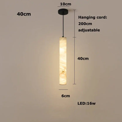 A cylindrical led marble hanging lamp with warm amber glass shade and black metal mount from decorbites white alabaster collection