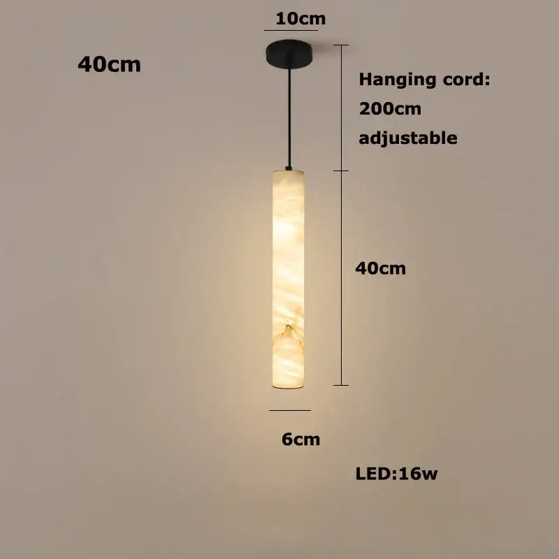 A cylindrical led marble hanging lamp with warm amber glass shade and black metal mount from decorbites white alabaster collection