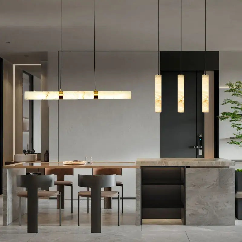 Modern minimalist DecorBites™ led marble hanging lamps with warm glowing white alabaster rectangular and cylindrical shades
