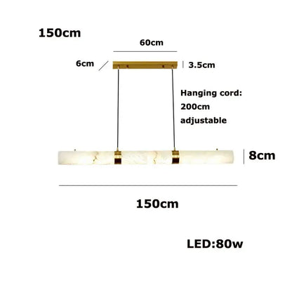A modern rectangular led marble hanging lamp with white alabaster body gold accents and a 200cm adjustable cord