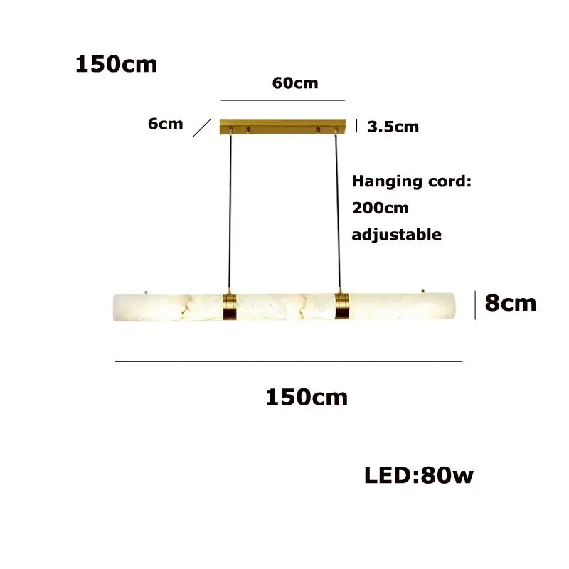 A modern rectangular led marble hanging lamp with white alabaster body gold accents and a 200cm adjustable cord