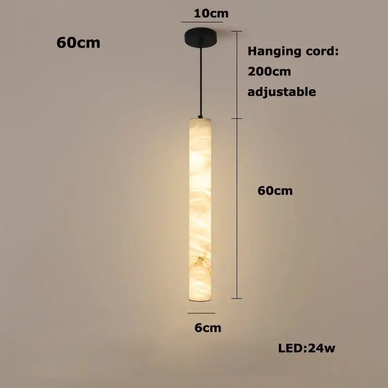 A sleek decorbites led marble hanging lamp with a warm amber and white alabaster marbled glass shade