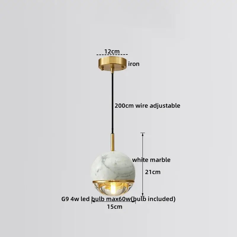 DecorBites led marble pendant lamp with white marble globe gold iron hardware and adjustable 200cm wire for modern luxury lighting