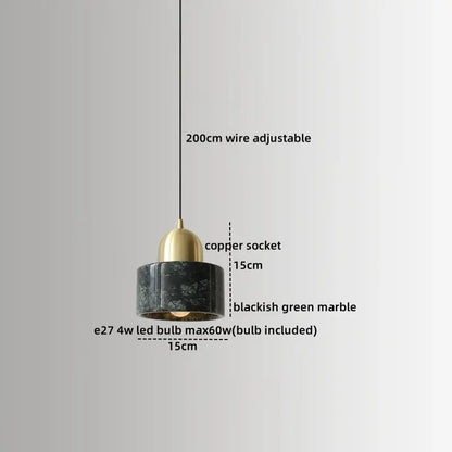 Blackish green marble pendant lamp with brass-finished copper socket and e27 led bulb by DecorBites LED marble