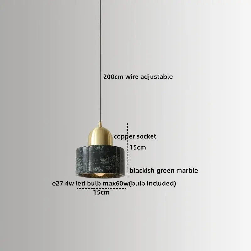 Blackish green marble pendant lamp with brass-finished copper socket and e27 led bulb by DecorBites LED marble