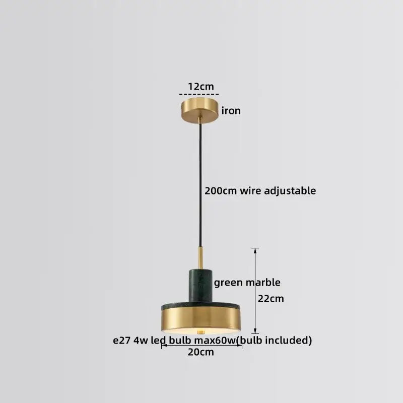 Modern pendant lamp with brass iron mount, adjustable black wire, and green marble inlay shade by decorbites led marble