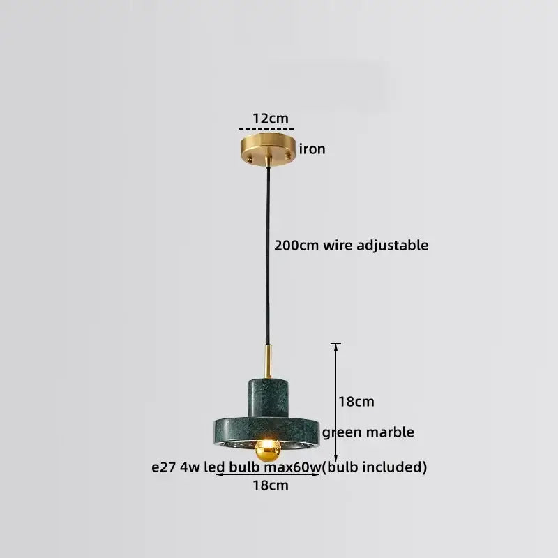 Green marble pendant lamp with brass iron ceiling mount and adjustable black wire by DecorBites LED marble series