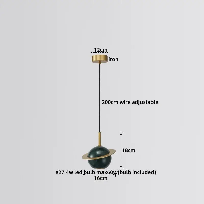 Modern luxury decorbites led marble pendant lamp with dark green spherical globe and gold metallic rings for home use