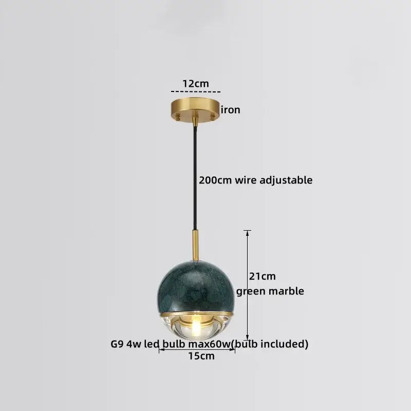Green marble globe pendant lamp with brass accents and adjustable wire by DecorBites led marble for modern luxury lighting