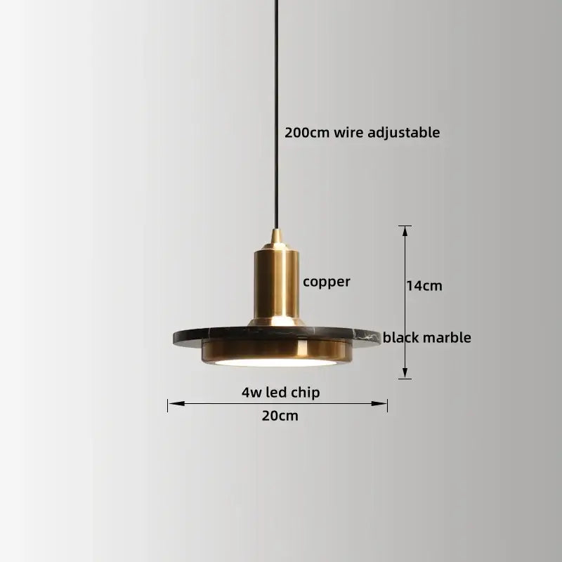 Modern decorbites led marble pendant lamp with copper stem and black marble disc featuring 4w led chip lighting