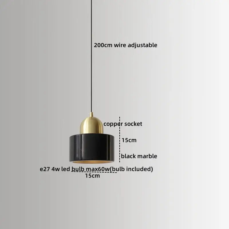 DecorBites led marble pendant lamp featuring a black marble shade with brass copper socket and adjustable 200cm wire