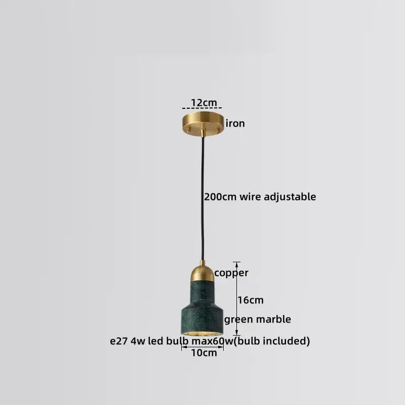 Decorbites led marble pendant lamp with sleek green marble shade, brass-finished mount, copper accents, and adjustable wire
