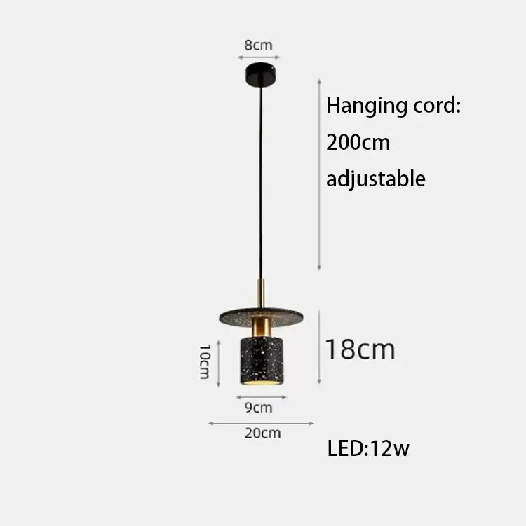 Black speckled cylindrical decorbites led marble pendant light with gold metal accent and adjustable black cord for dining room