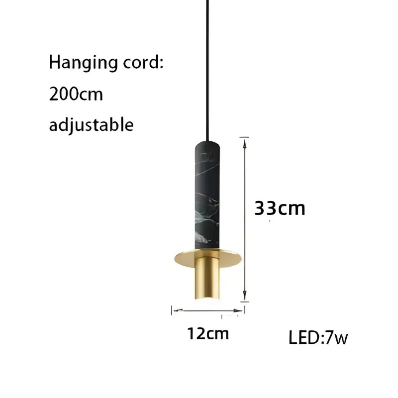 Black marble-textured cylindrical pendant light with gold-toned base and 7w led bulb by decorbites led marble stone