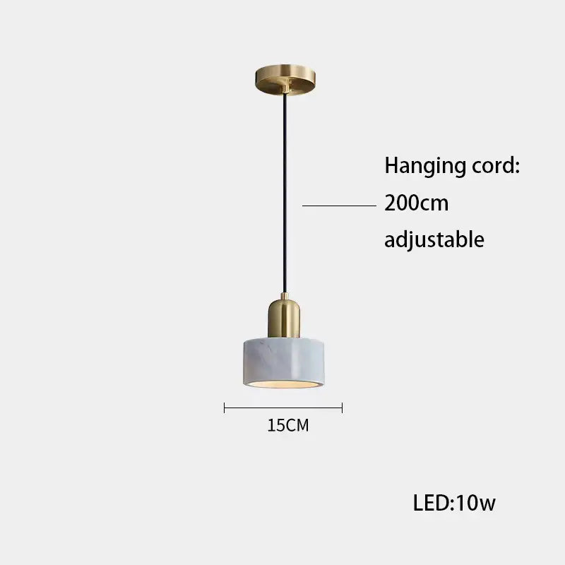 DecorBites led marble stone pendant light with cylindrical white marble shade and brass accents for dining room lighting