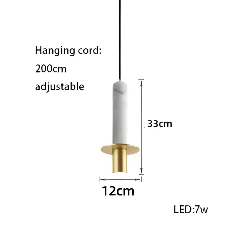 A modern decorbites led marble pendant light with white marble body and gold metal base for dining room use