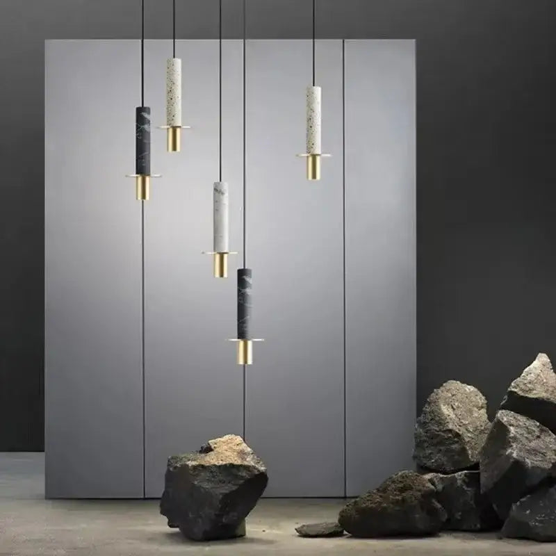 Modern pendant light with black and white cylindrical marble body and gold fixtures decorbites led marble stone pendant light