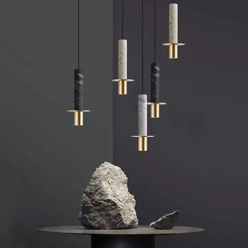 Modern pendant light with black white and gray marbled concrete body and gold base decorbites led marble stone light