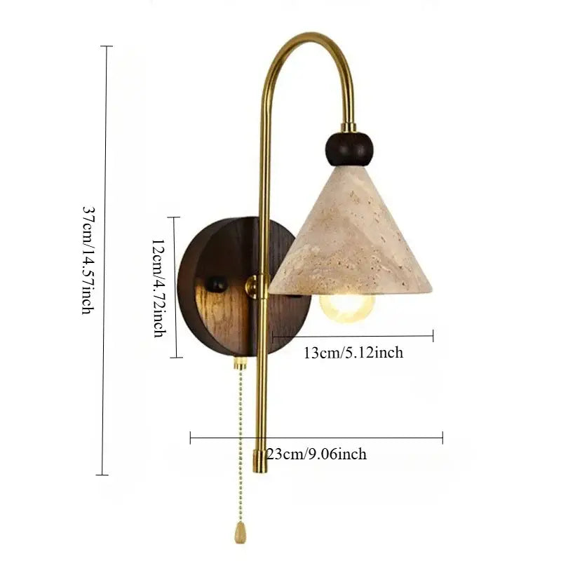 Brass-finished decorbites led marble wall light with textured beige concrete shade and dark wood backplate for indoor use