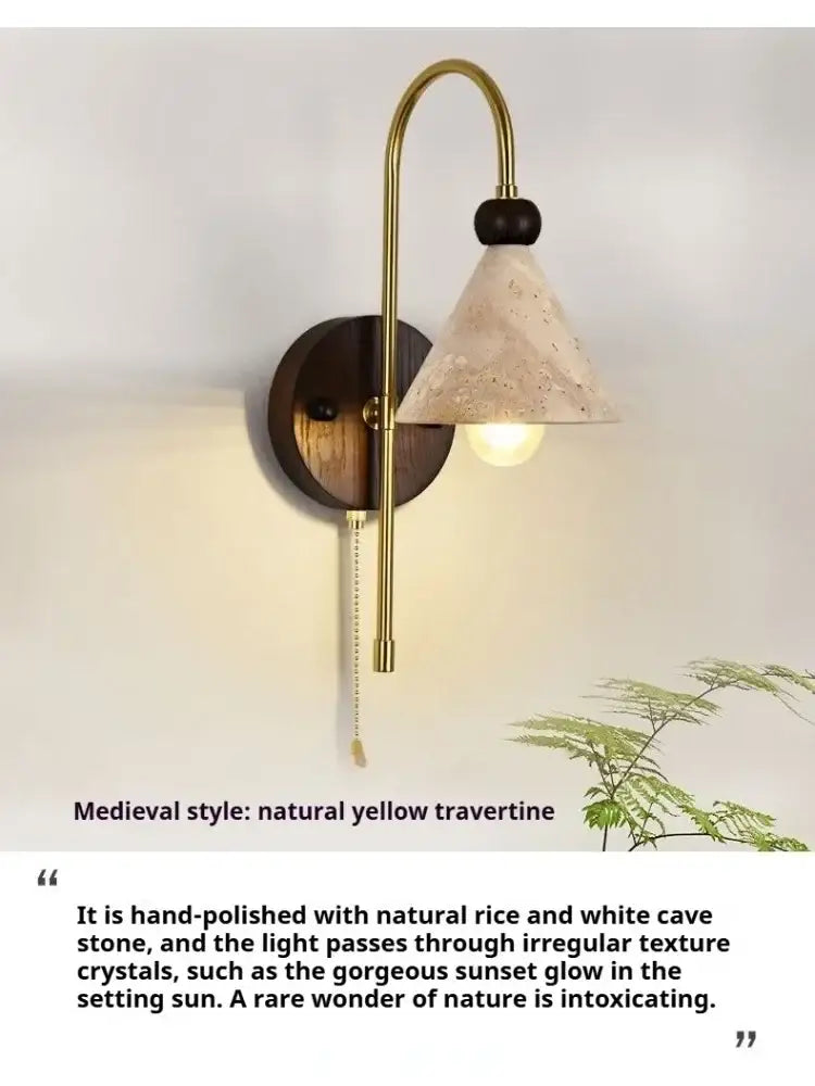Brass-finished decorbites led marble wall light with dark wood backplate and yellow travertine shade for bedroom and living room