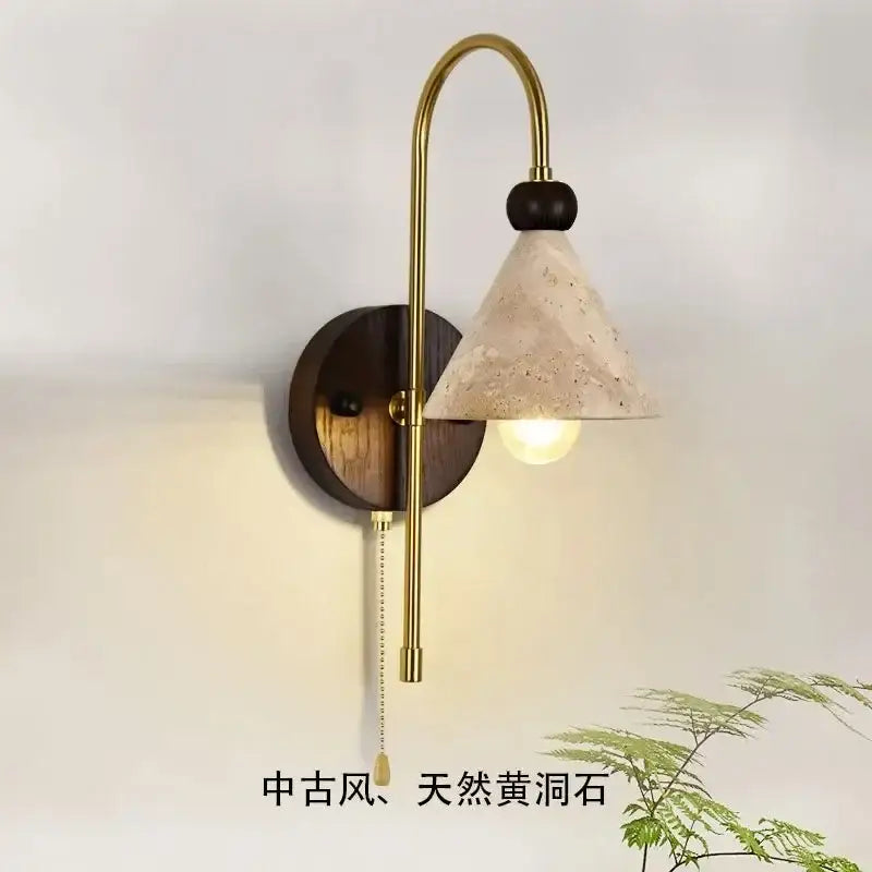 Brass-finished decorbites led marble wall light with dark wood backplate and yellow stone shade for bedroom and hallway