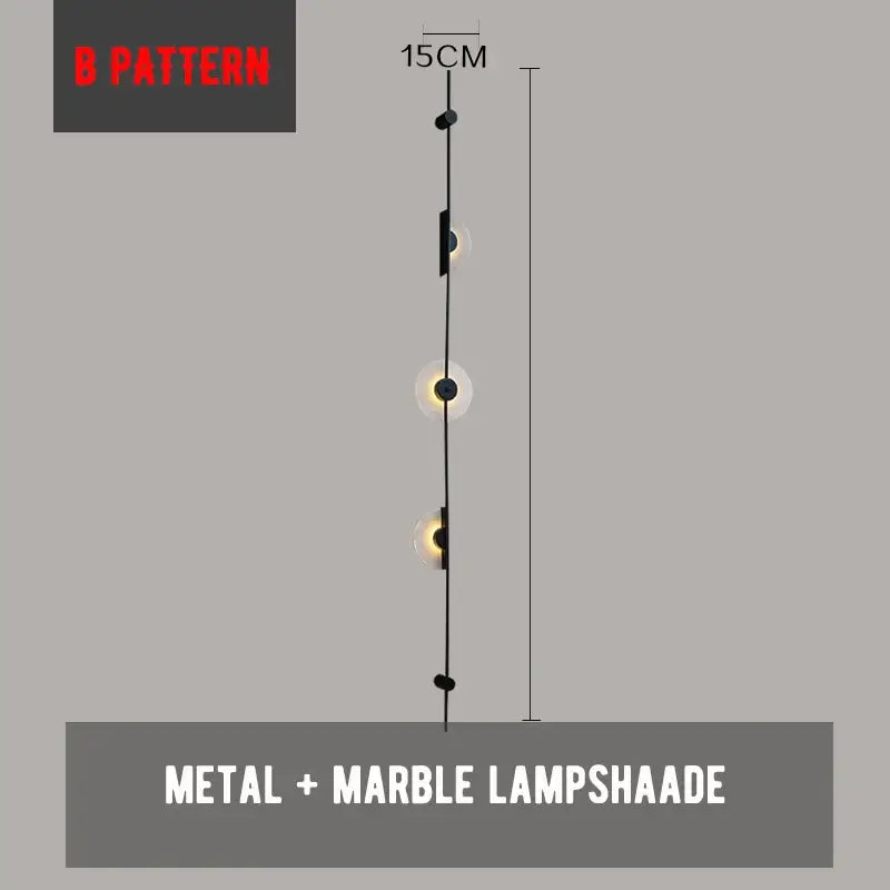 Black metal and marble lampshade with three circular fixtures vertical along 15cm line in decorbites led marble wall lights