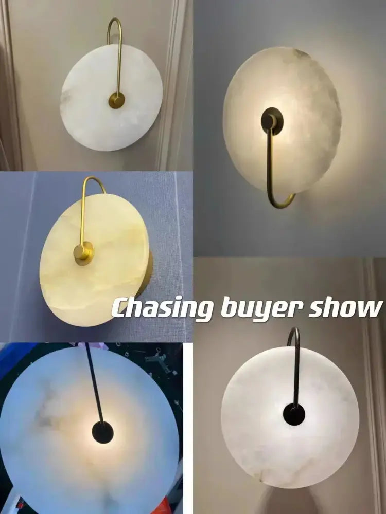 Decorbites led marble wall sconce featuring a frosted white marble disc with a slender brass arm for living room decor