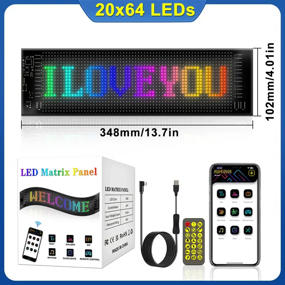 Black-framed 13.7-inch decorbites led matrix panel displaying rainbow i love you text with remote control functionality