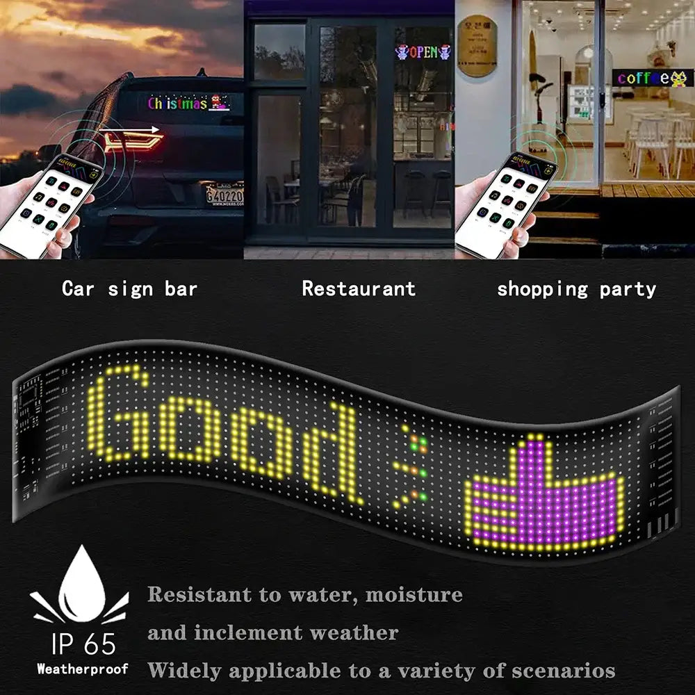 Flexible decorbites led matrix panel displaying good in yellow with purple thumbs-up icon for outdoor car windows use