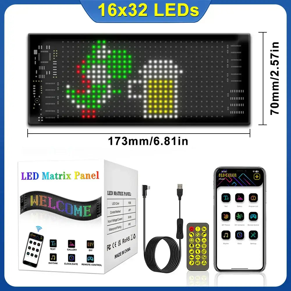 A sleek black decorbites led matrix panel with 16x32 leds displaying a colorful beer mug and heart via bluetooth control