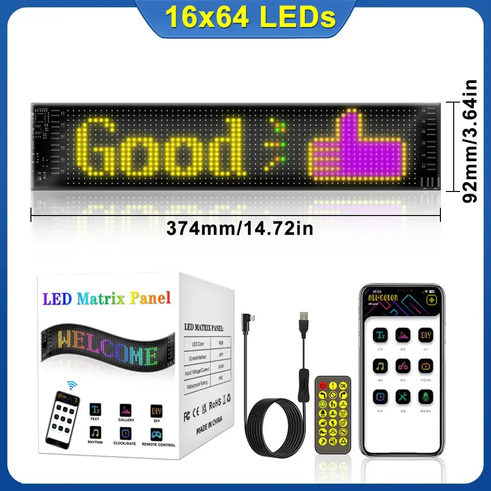 Decorbites led matrix panel with black frame displaying yellow good text and purple thumbs-up icon for car windows