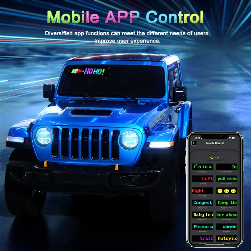 Blue remote-controlled jeep featuring decorbites led matrix panel with bluetooth programmable display on windshield