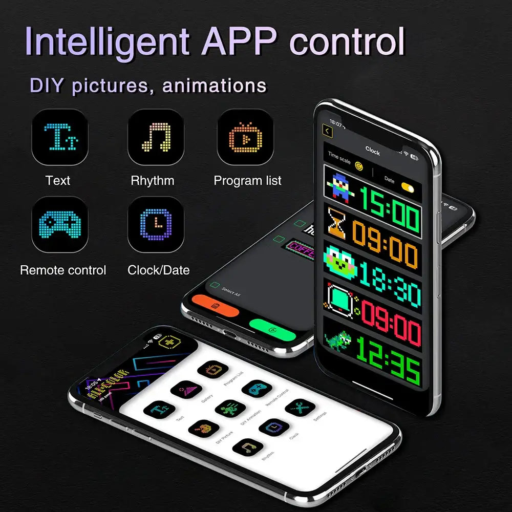 DecorBites led matrix panel with vibrant pixelated animations and customizable digital clock for car windows