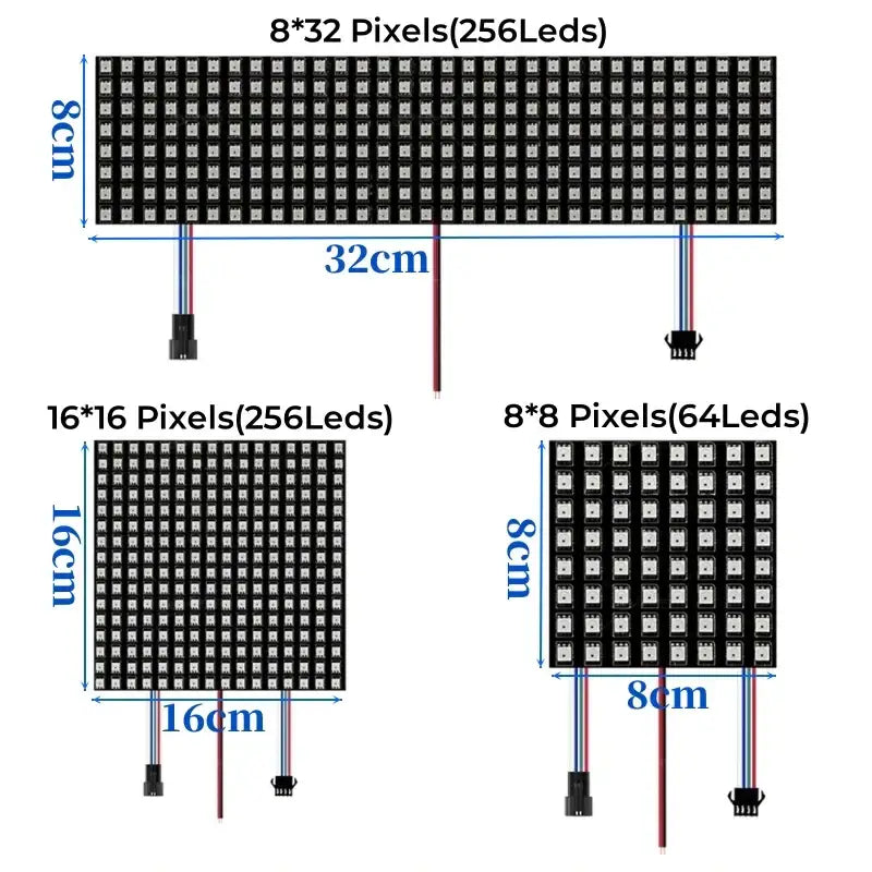 Black decorbites led matrix panel lights in various sizes featuring flexible addressable led pixel grids with wiring