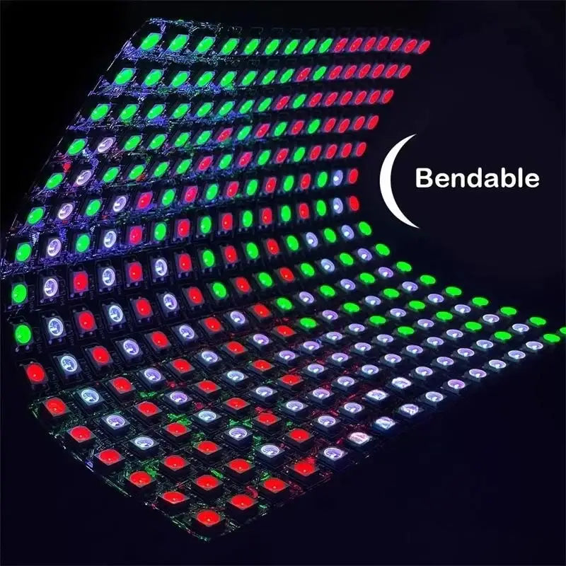 A flexible decorbites led matrix panel light with a bendable digital pixel screen displaying red green and blue lights