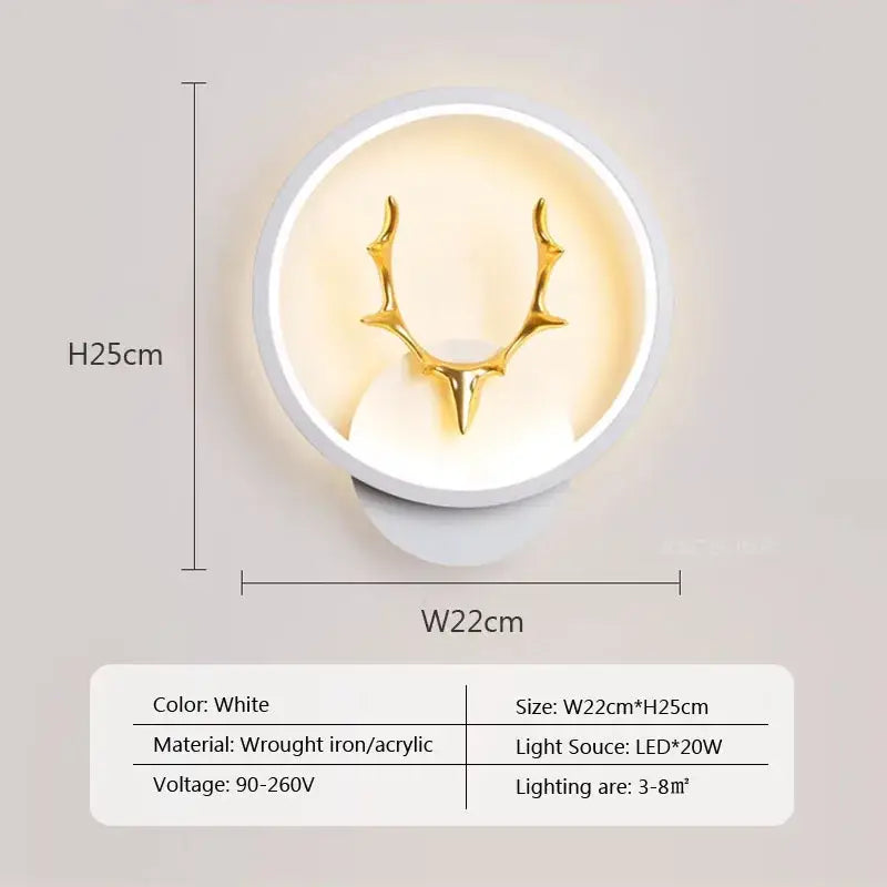 White circular wall light with golden antler design by DecorBites LED metal acrylic for modern minimalist decor