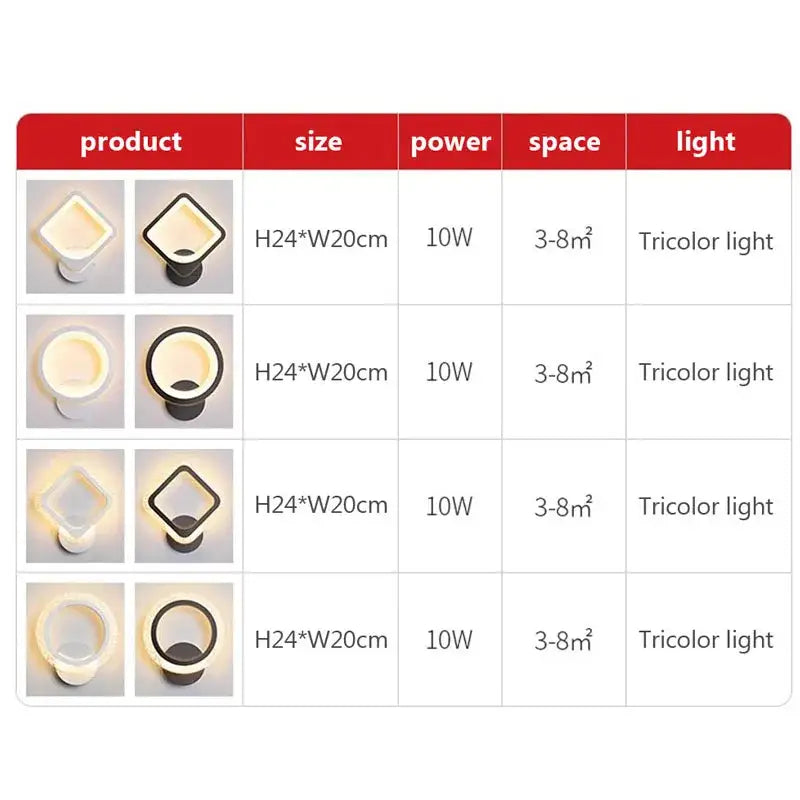 Modern square and circular wall light by decorbites led metal acrylic with sleek black and white frames and tricolor illumination
