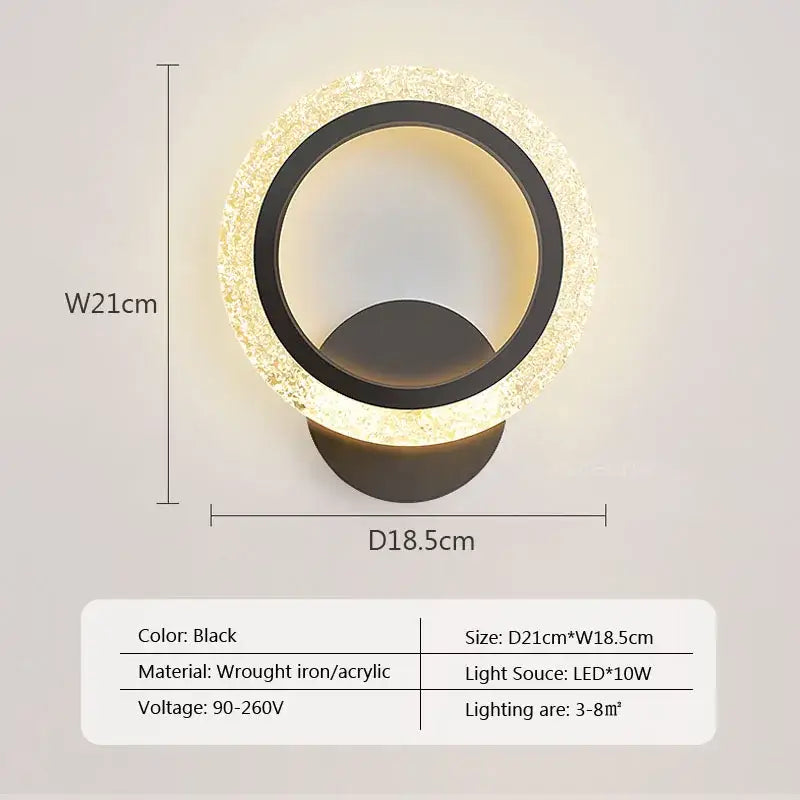 Black DecorBites led metal wall light with textured acrylic ring and wrought iron base for modern minimalist decor