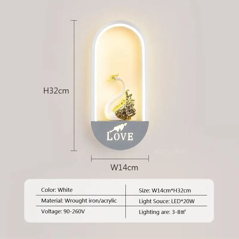 White led metal acrylic wall light with sculpted swan and golden leaf design by DecorBites for modern decor