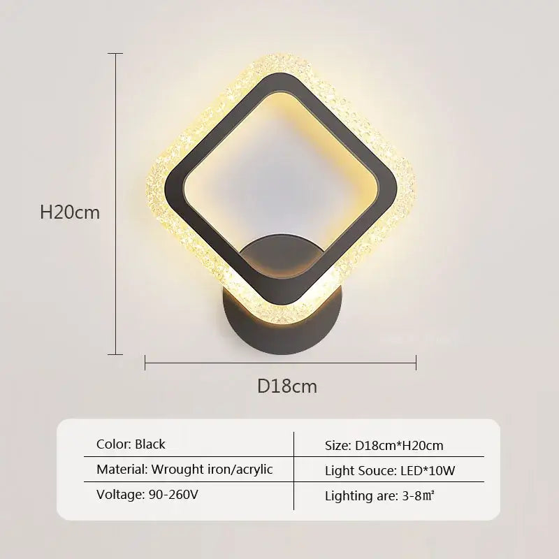 Black decorbites led metal acrylic wall light with glowing textured frame and wrought iron base for modern decor