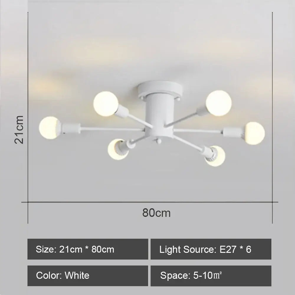 DecorBites led metal chandelier white ceiling light with six spherical bulbs in starburst pattern for living room decor